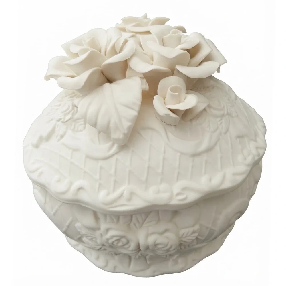 White Bisque Porcelain Rose Trinket Box 3D Floral Basketweave Jewelry Dish Lid